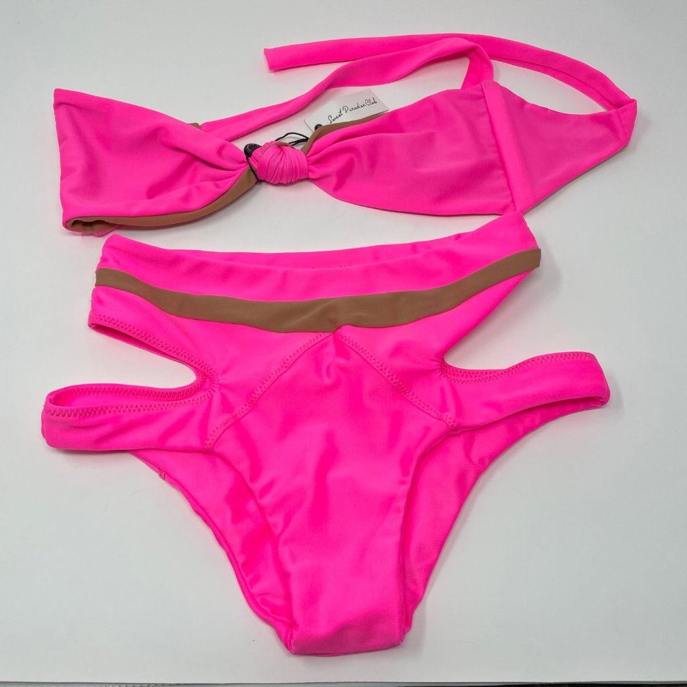 Sweet Paradise Club Size S Two Piece Knot Top Neon Pink Swim Set NEW